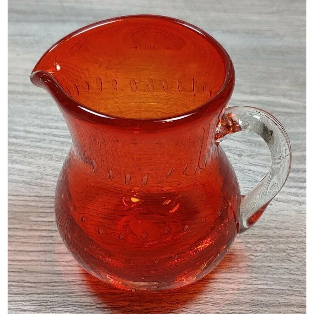 Lefton Red Glass Controlled Bubbles Creamer Hand Blown Mini Pitcher Handle VTG
